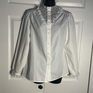 Vintage Lady Arrow Blouse Women 6 White High Neck Victorian Button Up Piratecore